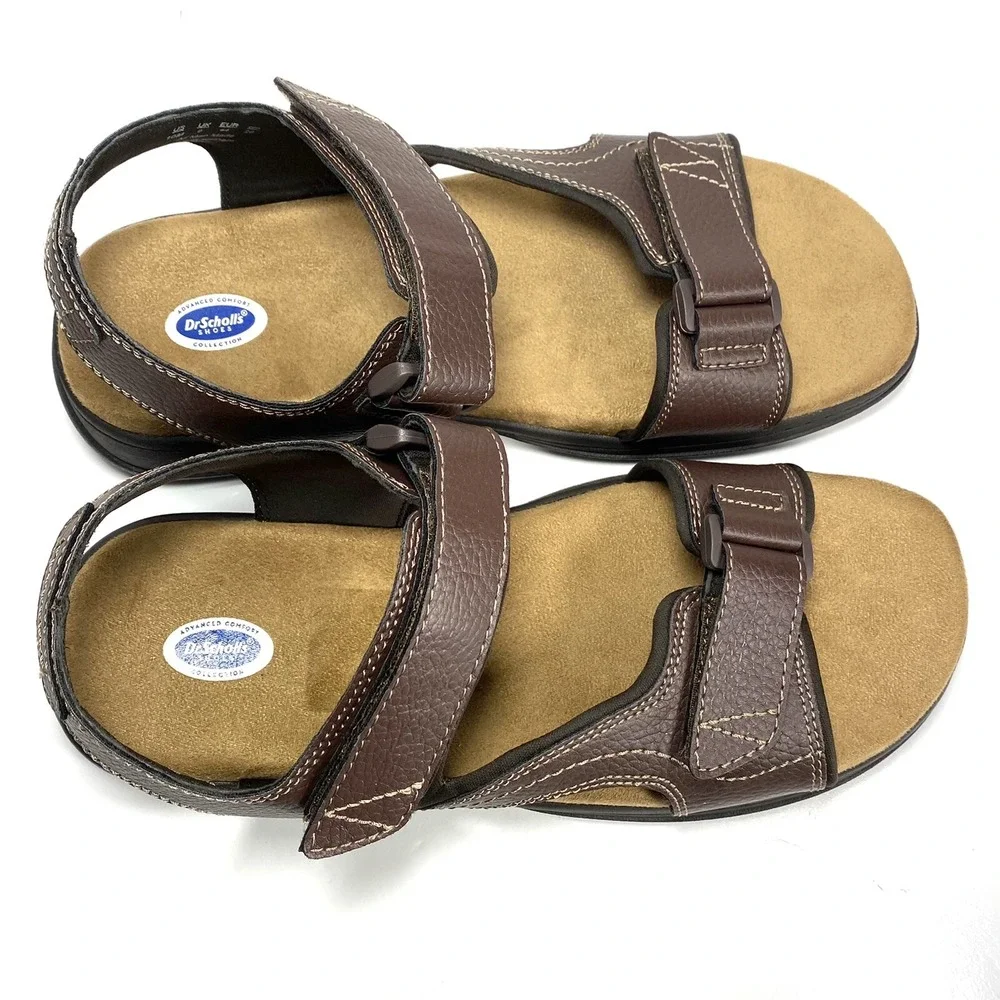 Dr. Scholl's Penn Mens Brown Leather Adjustable Sandals Ankle Strap Comfort 10 M